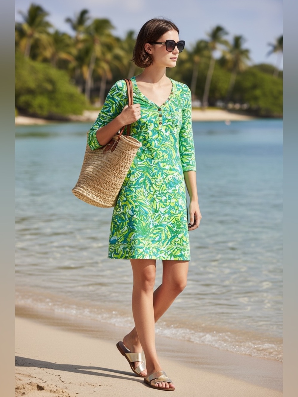 Lilly Pulitzer Green Blue Palmetto Henley Pima Cotton T-Shirt Dress Size XS